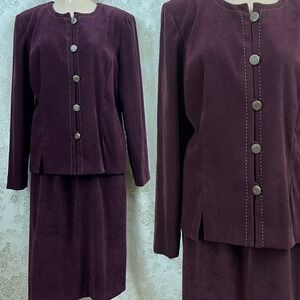 Leslie Fay Suit Set Burgundy Whimsigoth Office Suede Dark Academia Jacket Skirt
